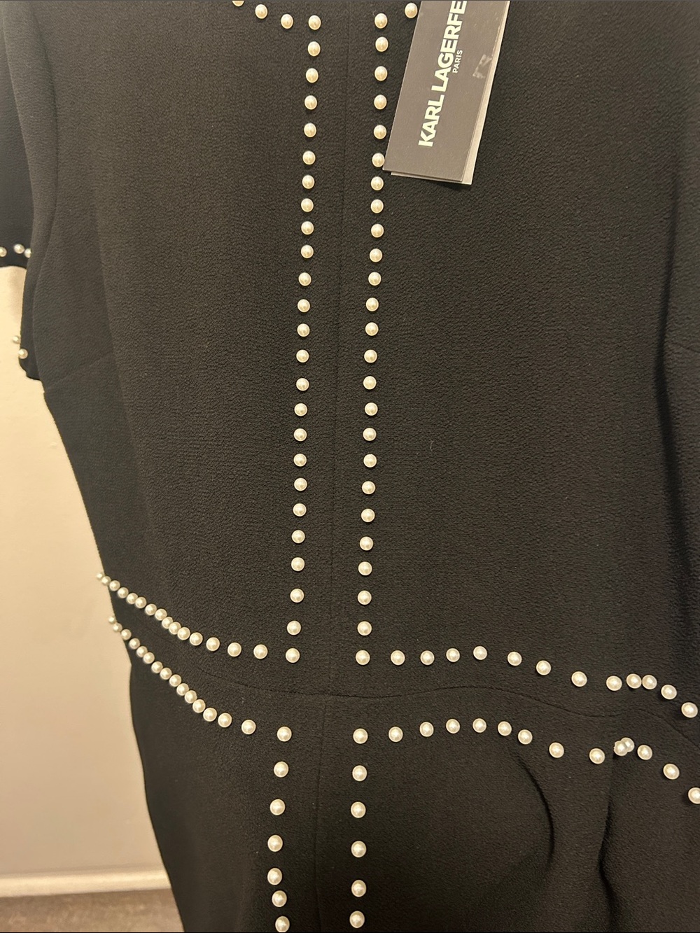 Karl Lagerfeld Black Mini Dress with pearl Stud Trim. PTP 22 size 16. NWT
38 L - Picture 9 of 10
